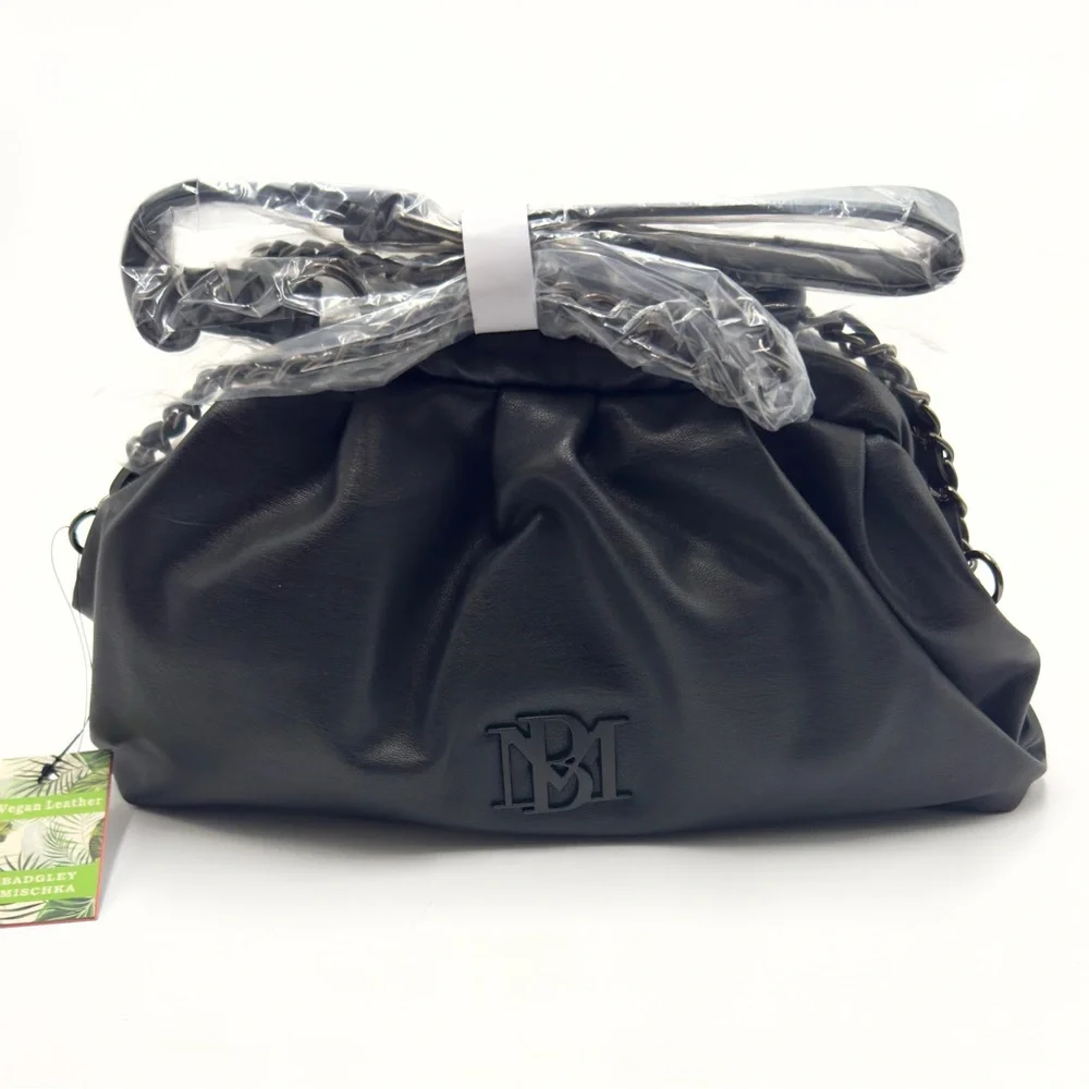 Badgley Mischka Black Ruched Vegan Leather Clutch with Gunmetal-tone Chain Logo